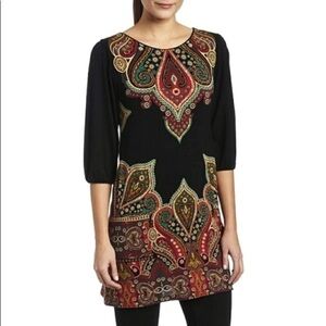 CHA CHA VENTE MINI SHIFT DRESS BLACK WITH AZTEC PRINT LADIES SIZE MEDIUM